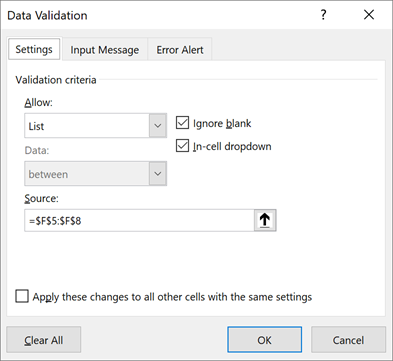 Data validation settings