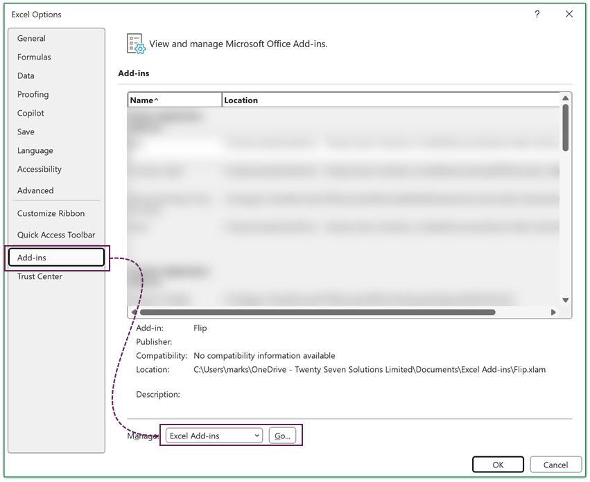 Excel options window