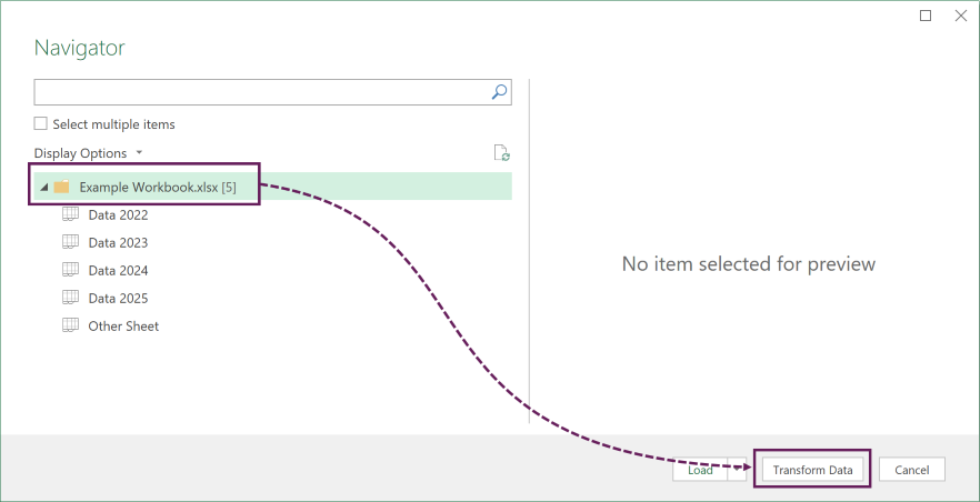 Select workbook - transform data
